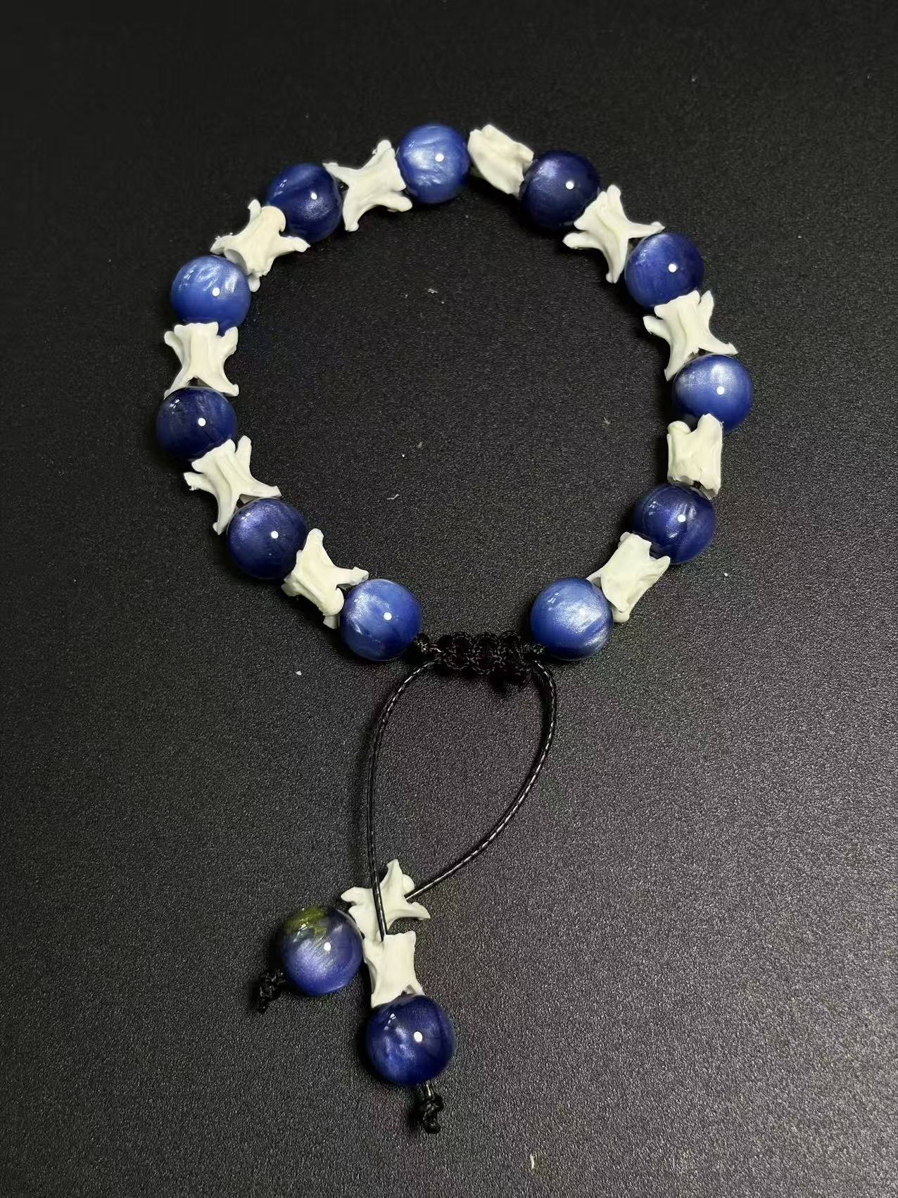 Real Snake Bone Bracelet – Deep Blue Cat's Eye Stone Beads & Vertebrae Spacers | Chatoyant Dark Elegant Style