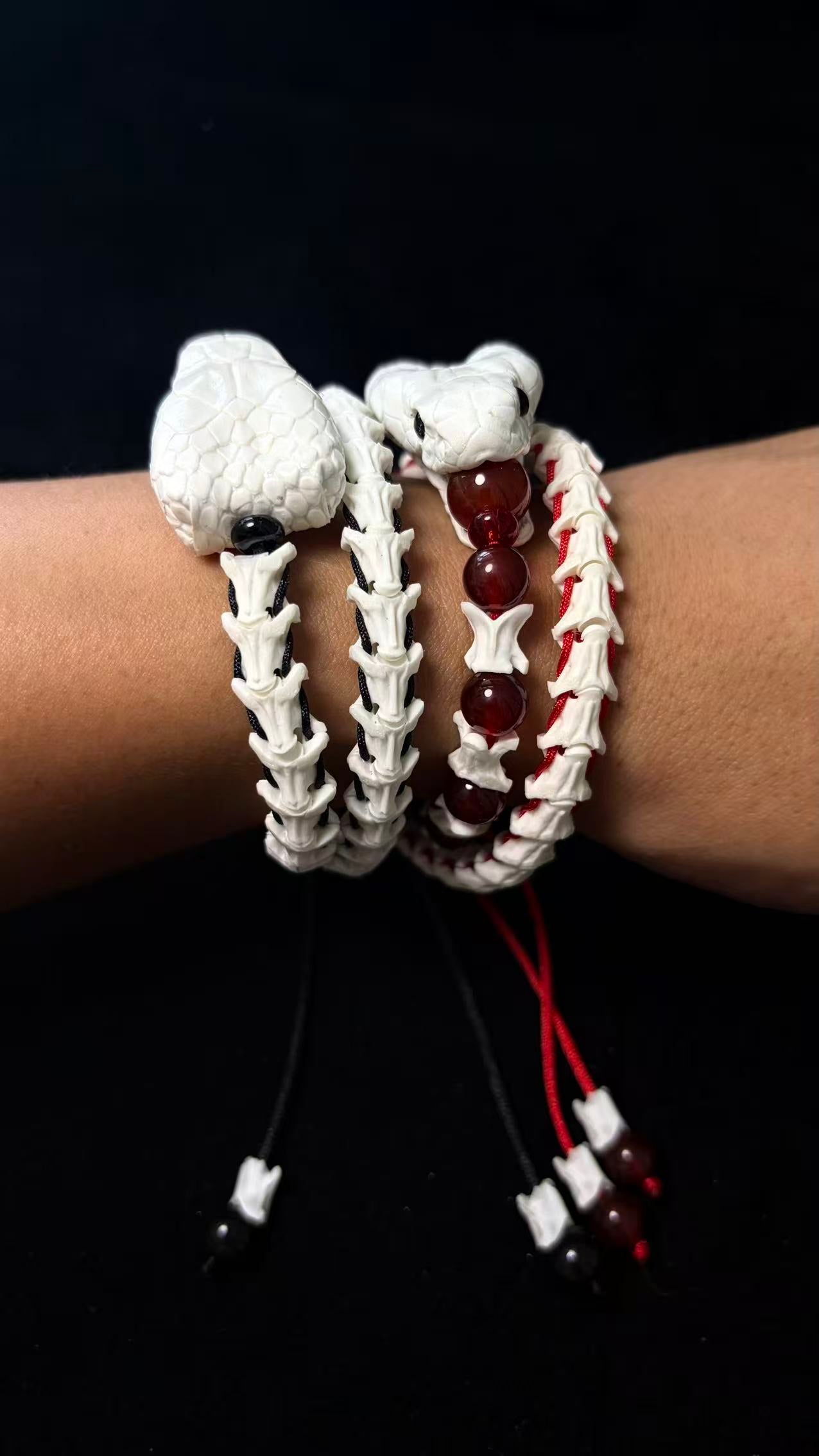Real Snake Bone Woven Bracelet — Natural Gemstone Beads | Gothic Occult Jewelry