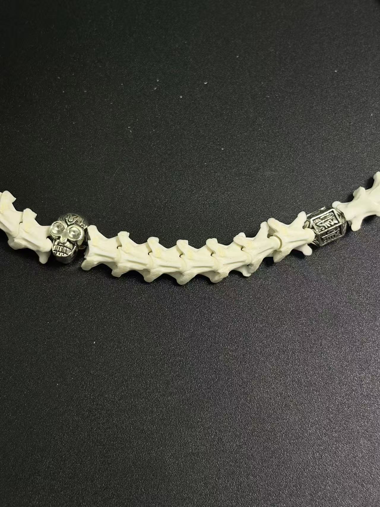 Real Snake Bone Bracelet – Dragon Eye Glass Pendant, Triple Skull Crown, Moss Agate & Gold Glass Beads | Dark Fantasy Gothic