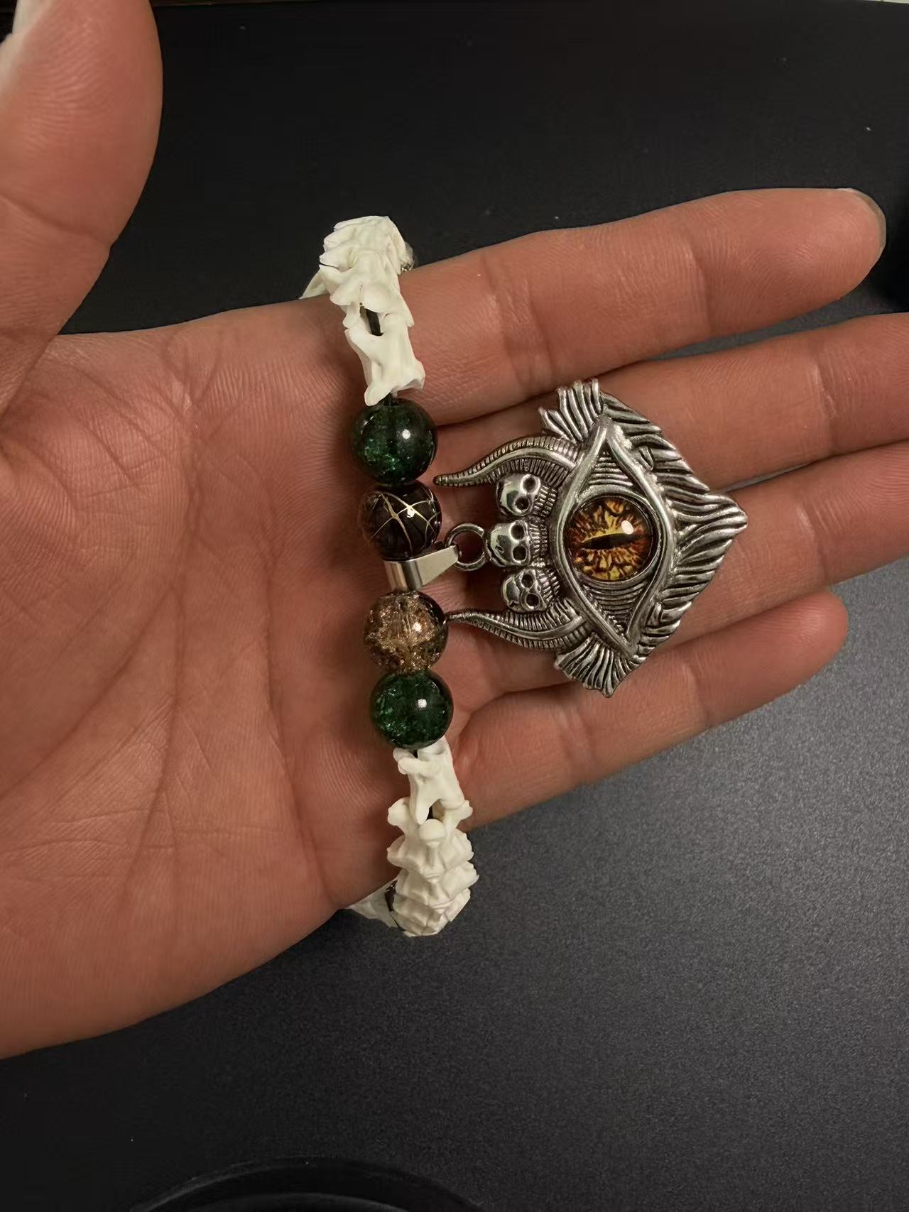 Real Snake Bone Bracelet – Dragon Eye Glass Pendant, Triple Skull Crown, Moss Agate & Gold Glass Beads | Dark Fantasy Gothic