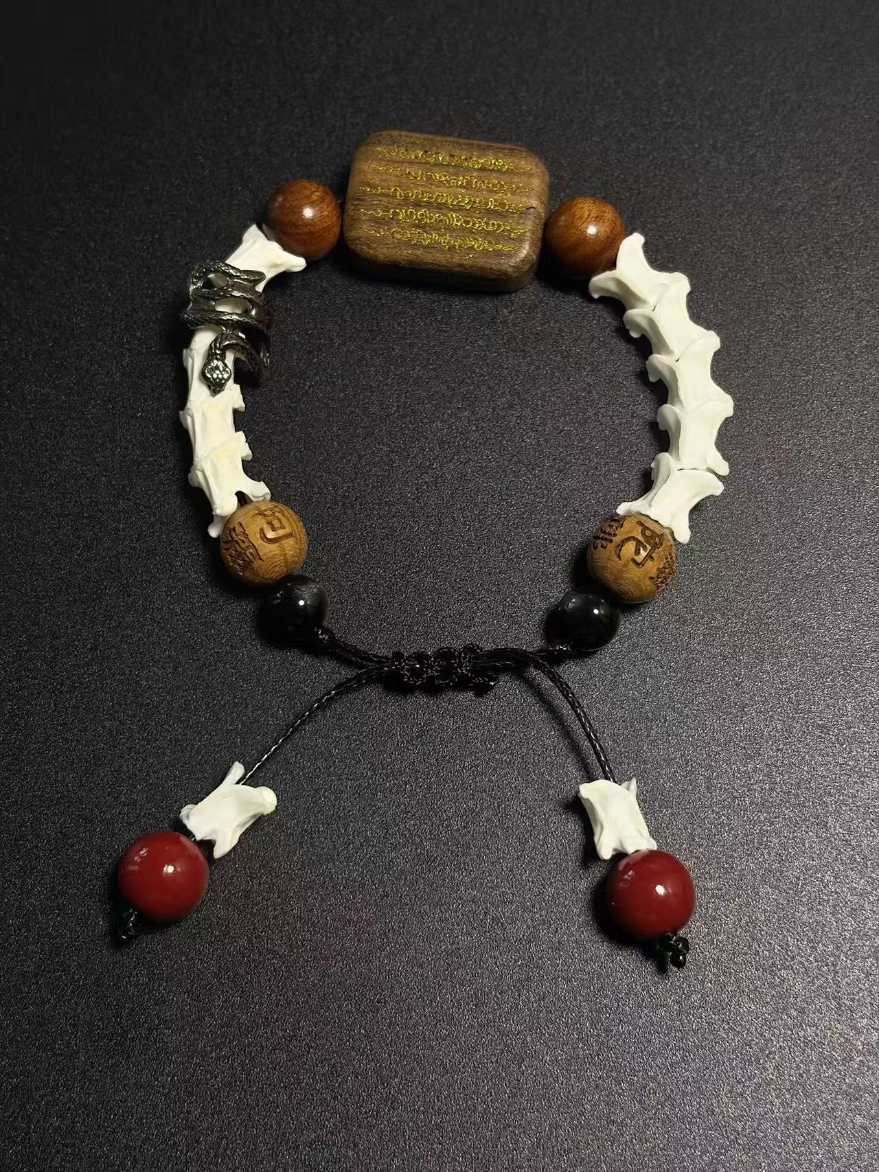 Real Snake Bone Bracelet – Wu Shi Pai Peace Amulet, Agarwood Bead & Real Cinnabar Beads | Chinese Talisman Jewelry