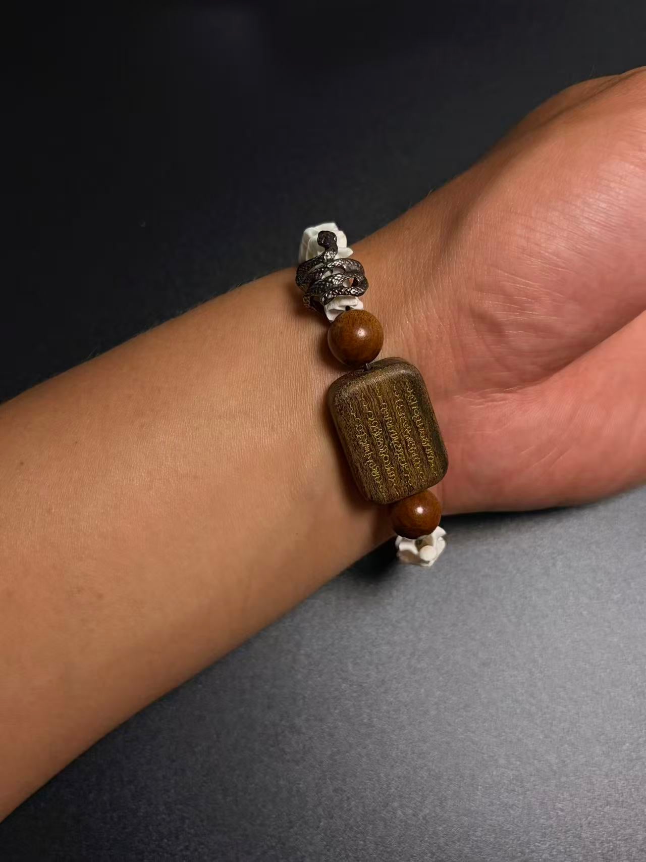 Real Snake Bone Bracelet – Wu Shi Pai Peace Amulet, Agarwood Bead & Real Cinnabar Beads | Chinese Talisman Jewelry