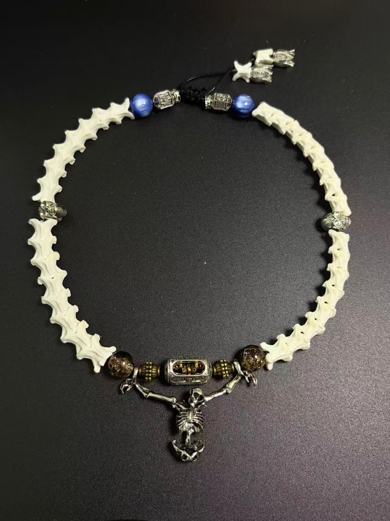 Real Snake Bone Bracelet – Full Skeleton Holding Sanskrit Prayer Cylinder, Blue Cat's Eye & Smoky Quartz | Dark Gothic Masterpiece