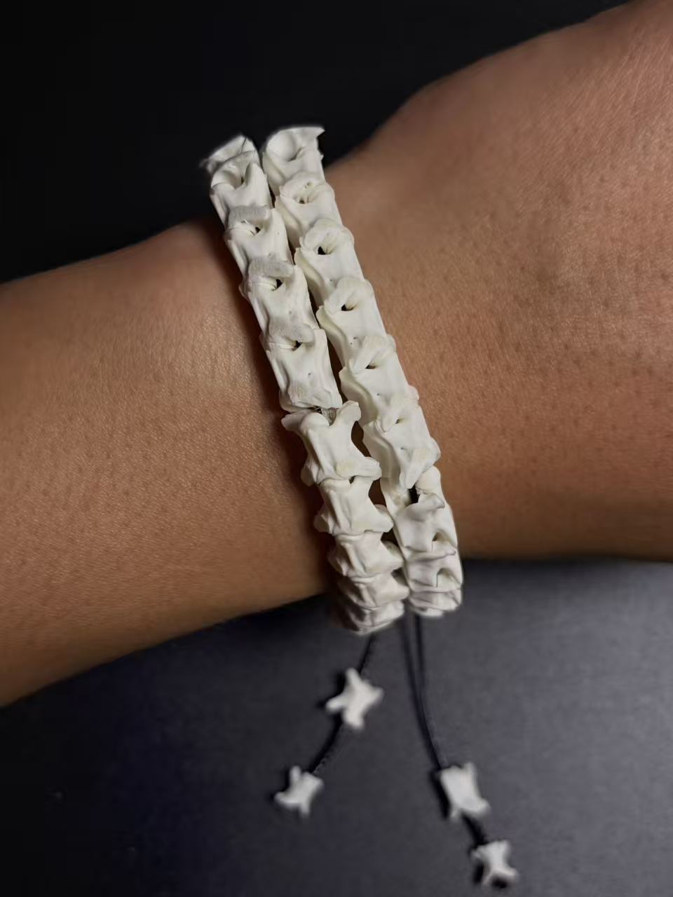 Real Snake Bone Wrap Bracelet – Pure Vertebrae Chain, Double Wrap Adjustable | Raw Dark Style