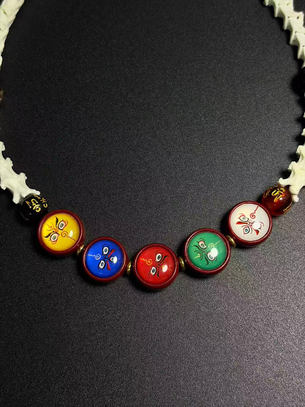 Real Snake Bone Bracelet – Five Wealth Gods Thangka Hand-Painted Disc Beads, Five Colors & Silver Butterfly Charm | Tibetan Fortune Jewelry