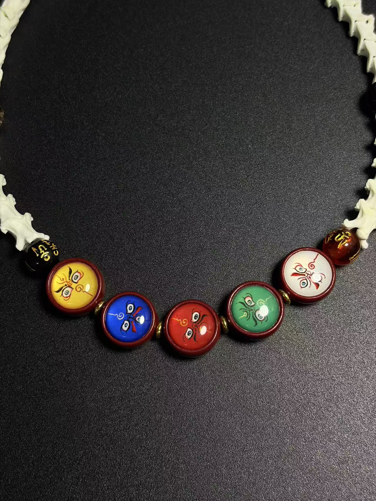 Real Snake Bone Bracelet – Five Wealth Gods Thangka Hand-Painted Disc Beads, Five Colors & Silver Butterfly Charm | Tibetan Fortune Jewelry