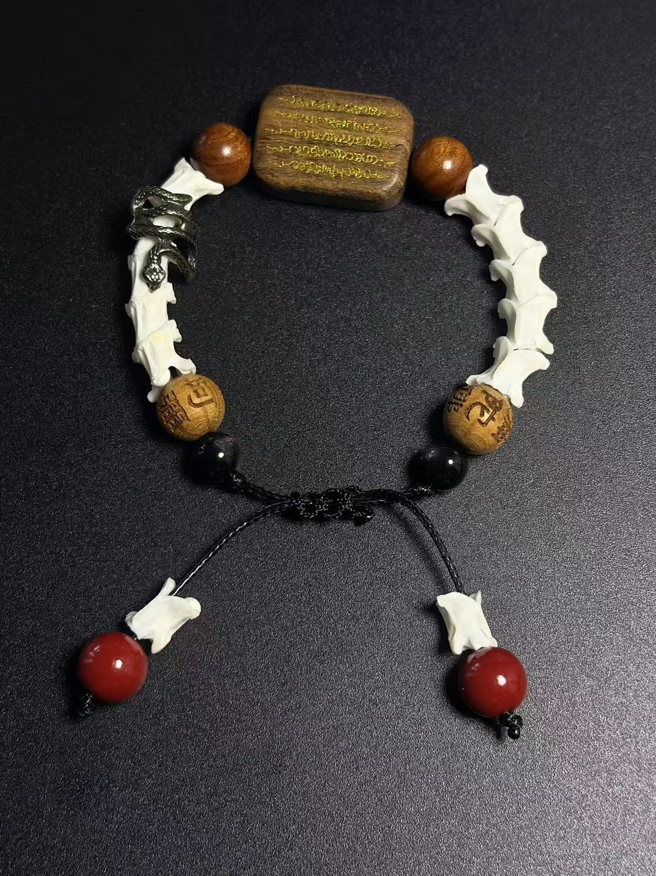 Real Snake Bone Bracelet – Wu Shi Pai Peace Amulet, Agarwood Bead & Real Cinnabar Beads | Chinese Talisman Jewelry
