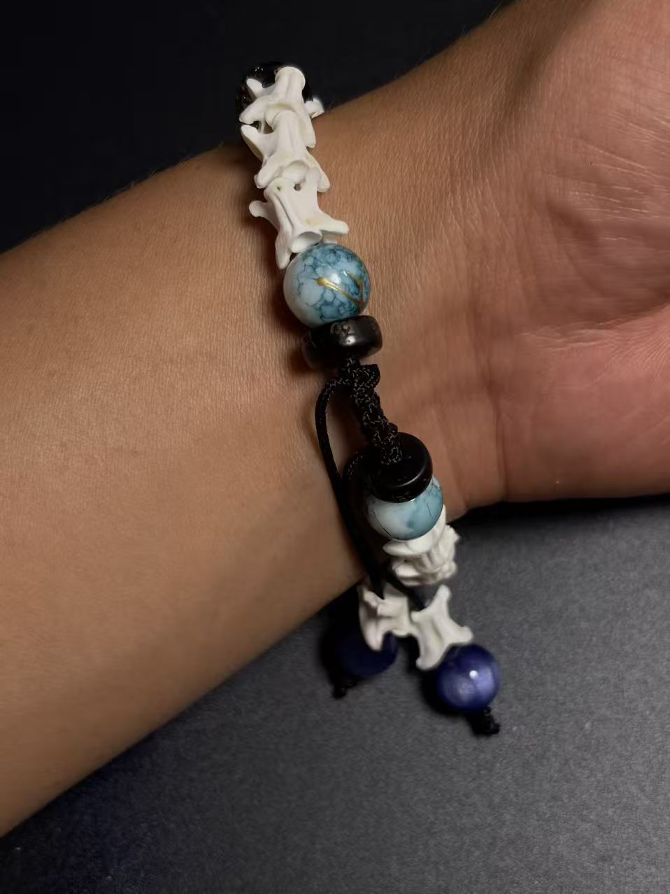 Real Snake Bone Bracelet – Black Owl Glass Charm, Turquoise Agate & Blue Cat's Eye | Dark Fantasy Style