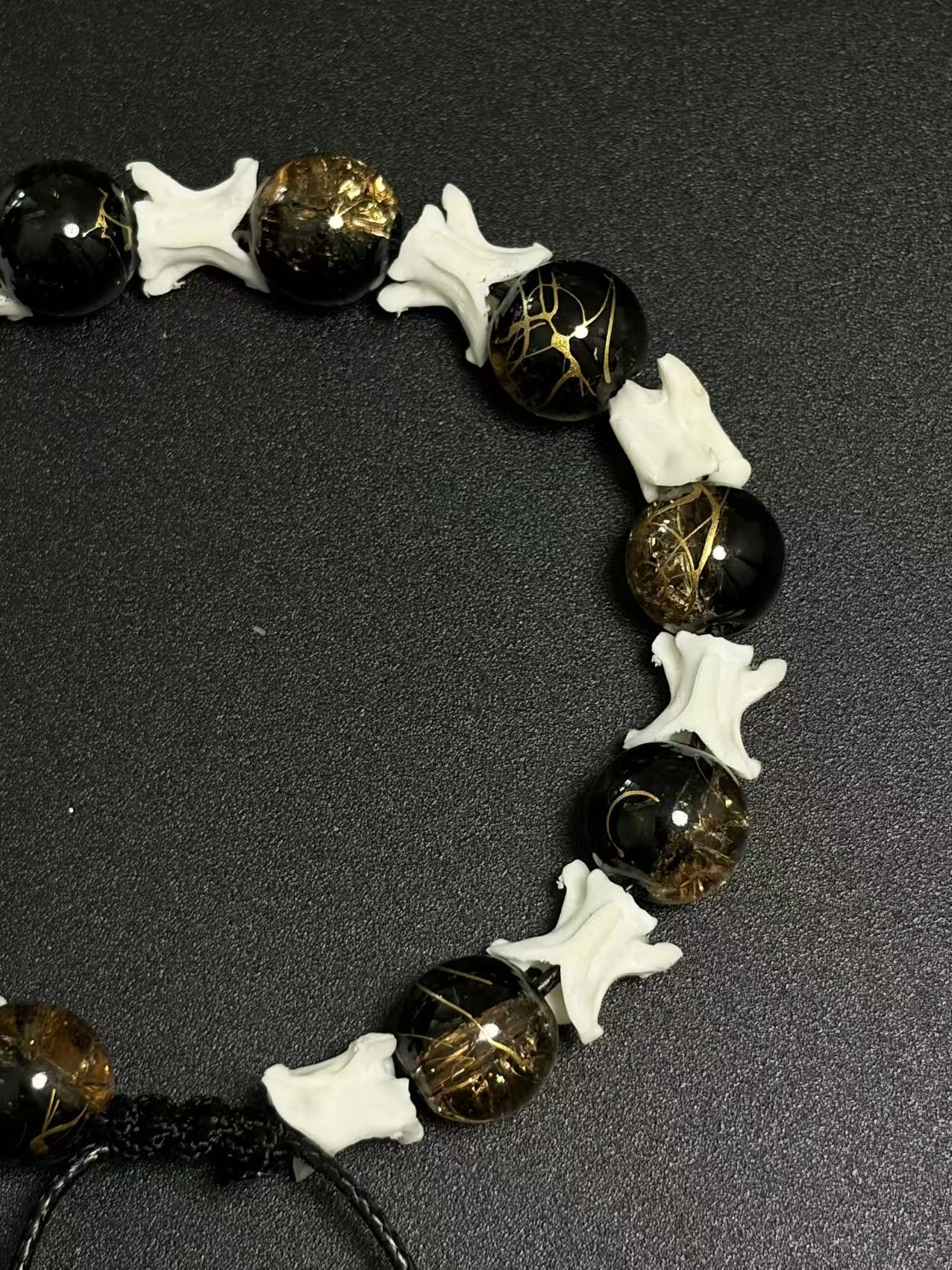Real Snake Bone Bracelet – Black Onyx & Gold Lightning Lampwork Glass Beads, Vertebrae Spacers | Dark Luxury