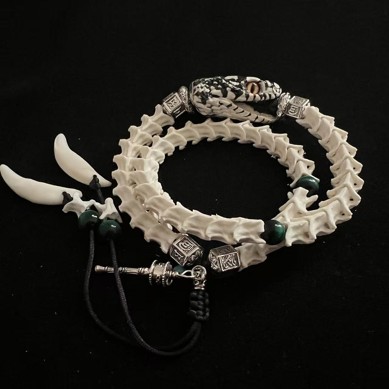 Real Snake Bone Double-Coil Bracelet — Patterned Serpent Head, Malachite & Bone Fang Charms | Shaman Totem