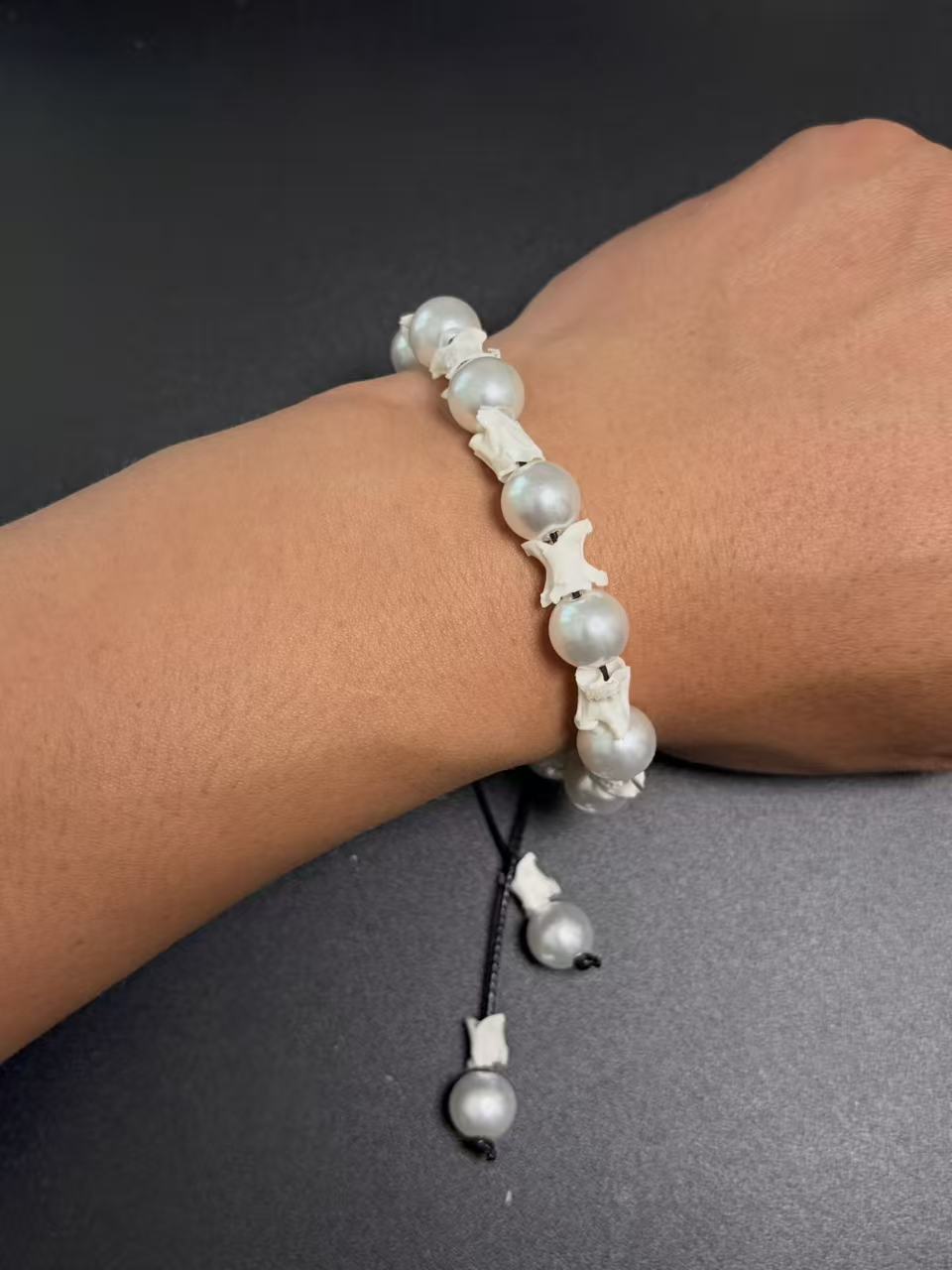 Real Snake Bone Bracelet – Silver Grey Pearl Beads & Vertebrae Spacers | Dark Elegant Gothic Style