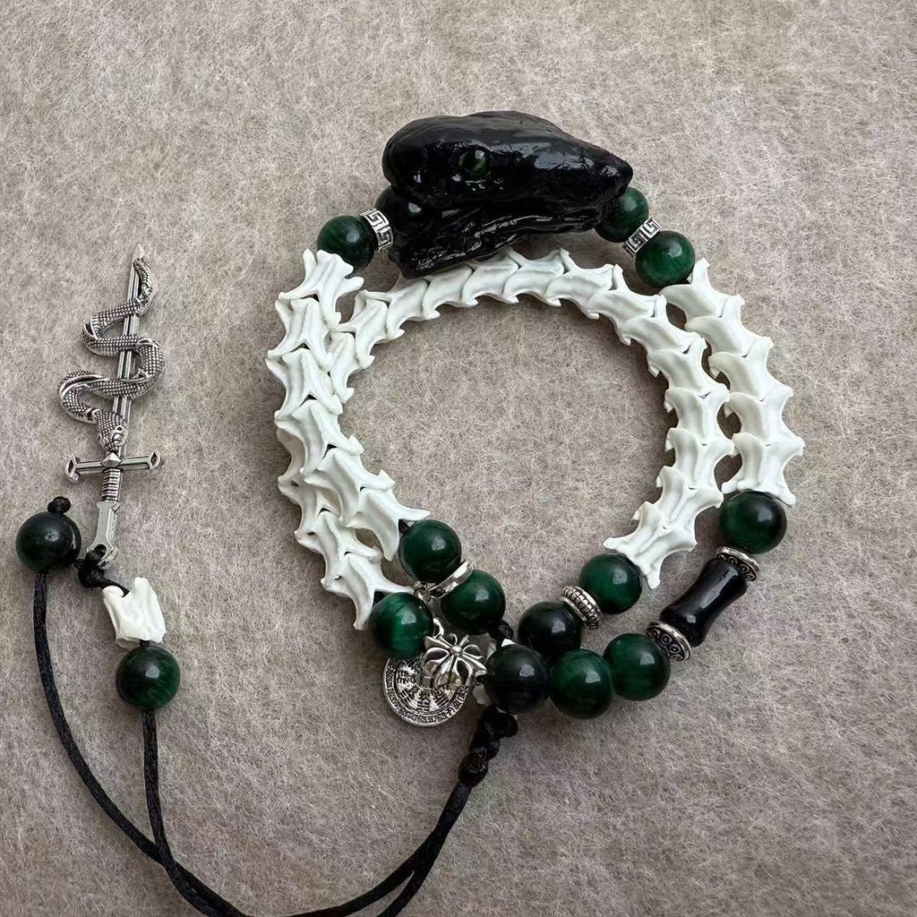 Real Snake Bone Double-Coil Bracelet — Black Serpent Head, Natural Malachite & Serpent-Sword Charm | Gothic Dark Luxury