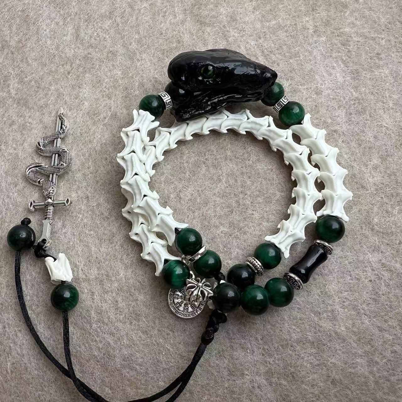 Real Snake Bone Double-Coil Bracelet — Black Serpent Head, Natural Malachite & Serpent-Sword Charm | Gothic Dark Luxury