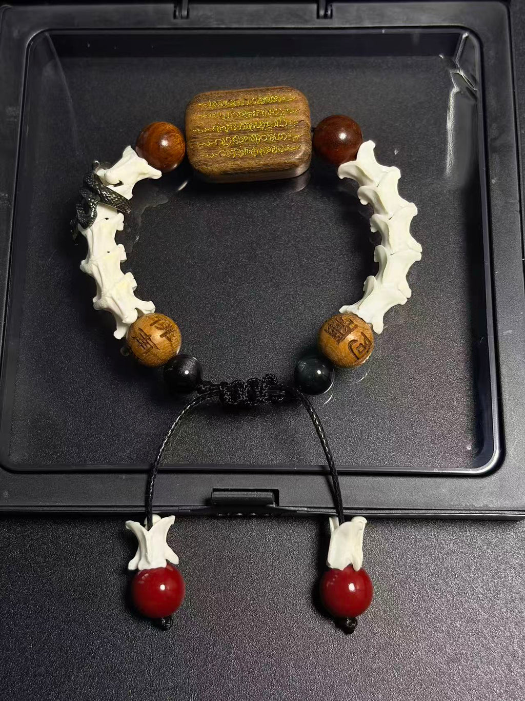 Real Snake Bone Bracelet – Wu Shi Pai Peace Amulet, Agarwood Bead & Real Cinnabar Beads | Chinese Talisman Jewelry
