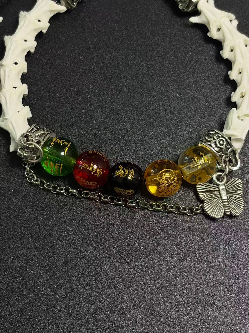 Real Snake Bone Bracelet – Five Wealth Gods Engraved Crystal Beads, Pearl & Silver Butterfly Charm | Tibetan Fortune Jewelry
