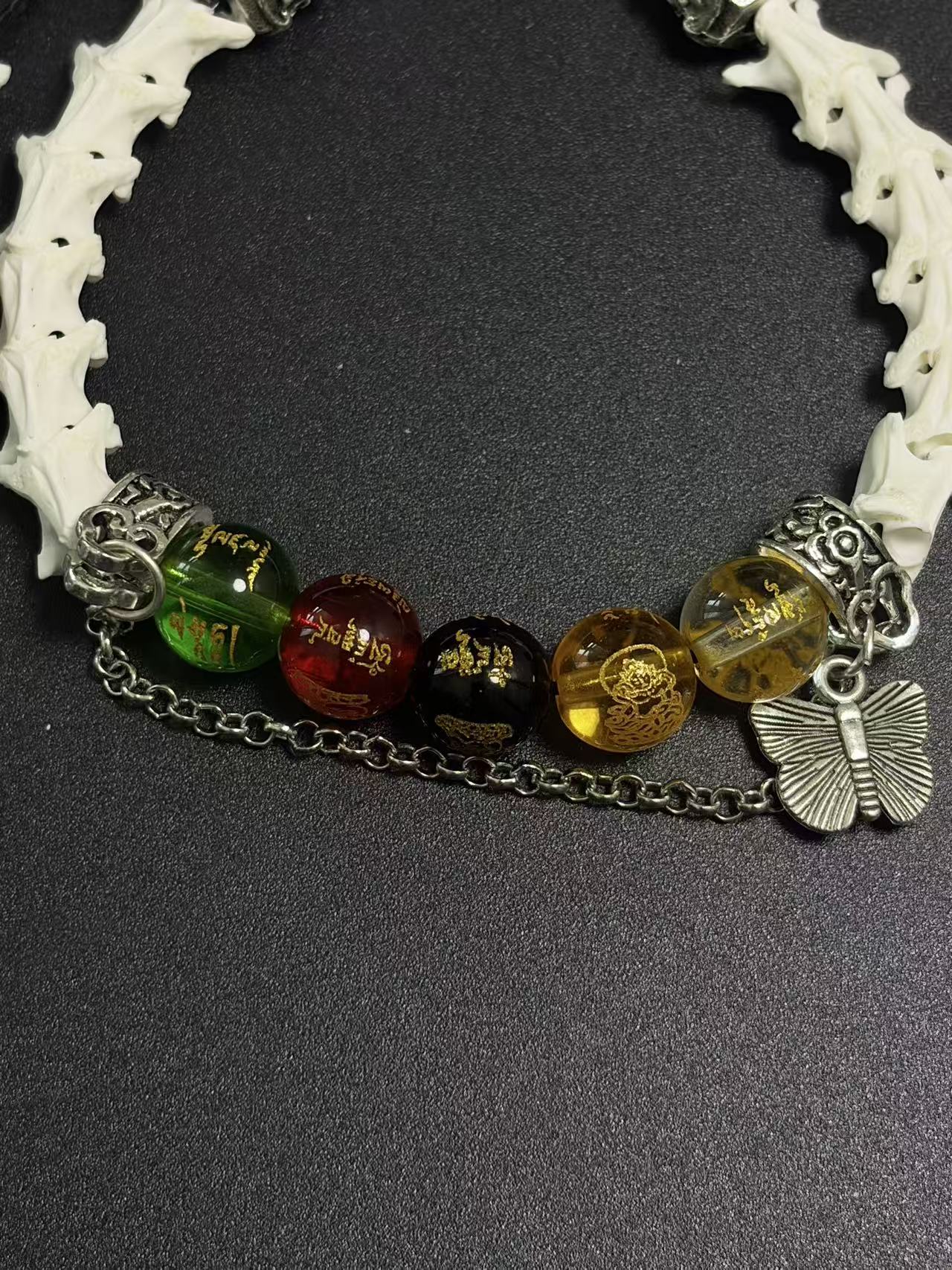 Real Snake Bone Bracelet – Five Wealth Gods Engraved Crystal Beads, Pearl & Silver Butterfly Charm | Tibetan Fortune Jewelry