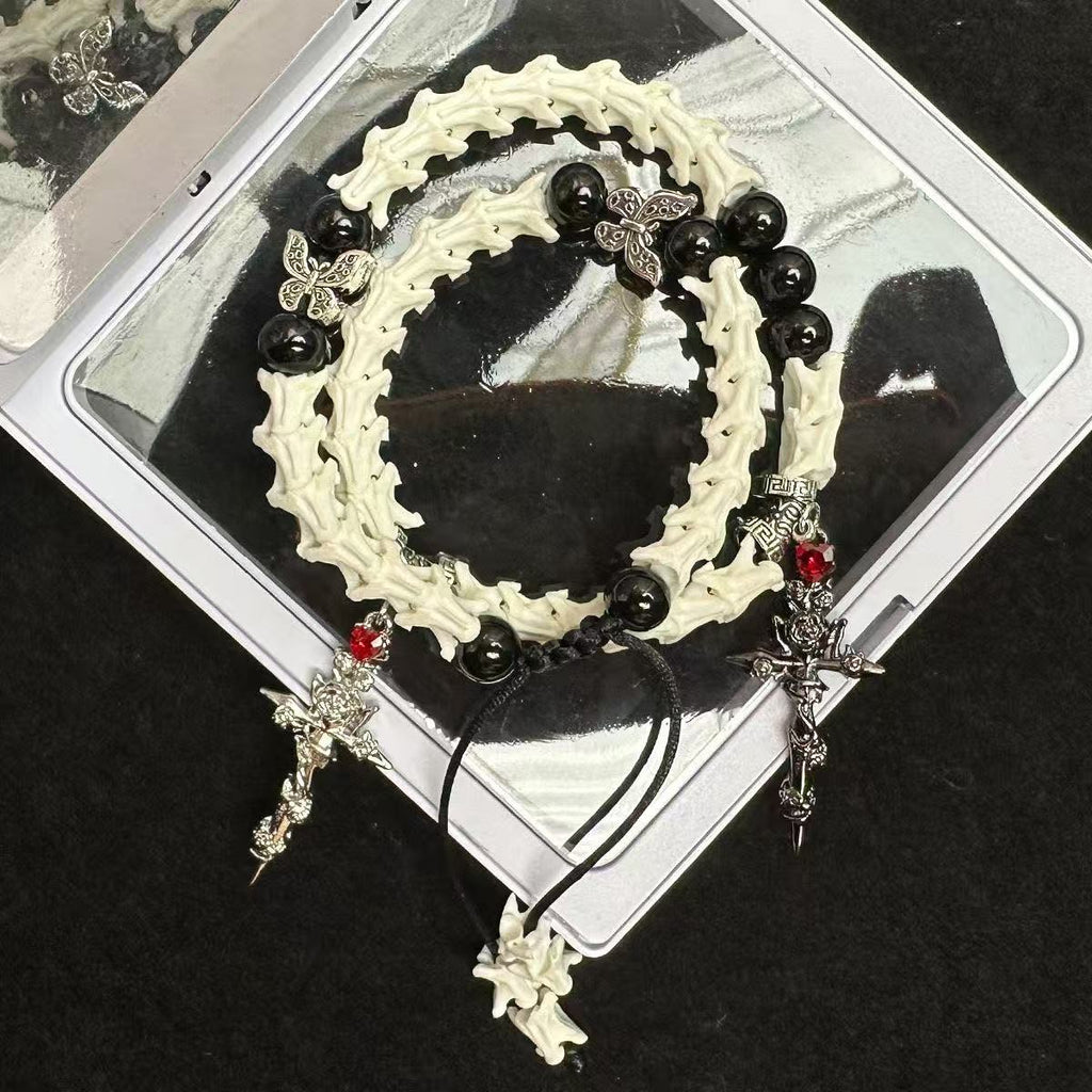 Real Snake Bone Bracelet — Black Obsidian, Butterfly Spacers & Rose Sword Charm | Dark Romance Gothic Jewelry