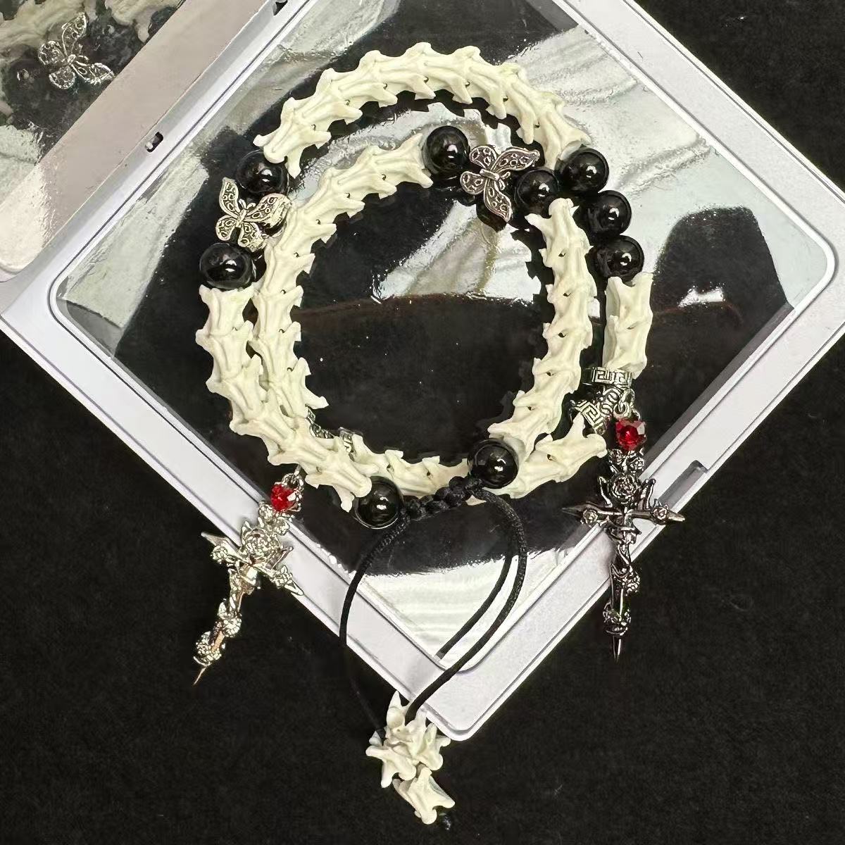 Real Snake Bone Bracelet — Black Obsidian, Butterfly Spacers & Rose Sword Charm | Dark Romance Gothic Jewelry