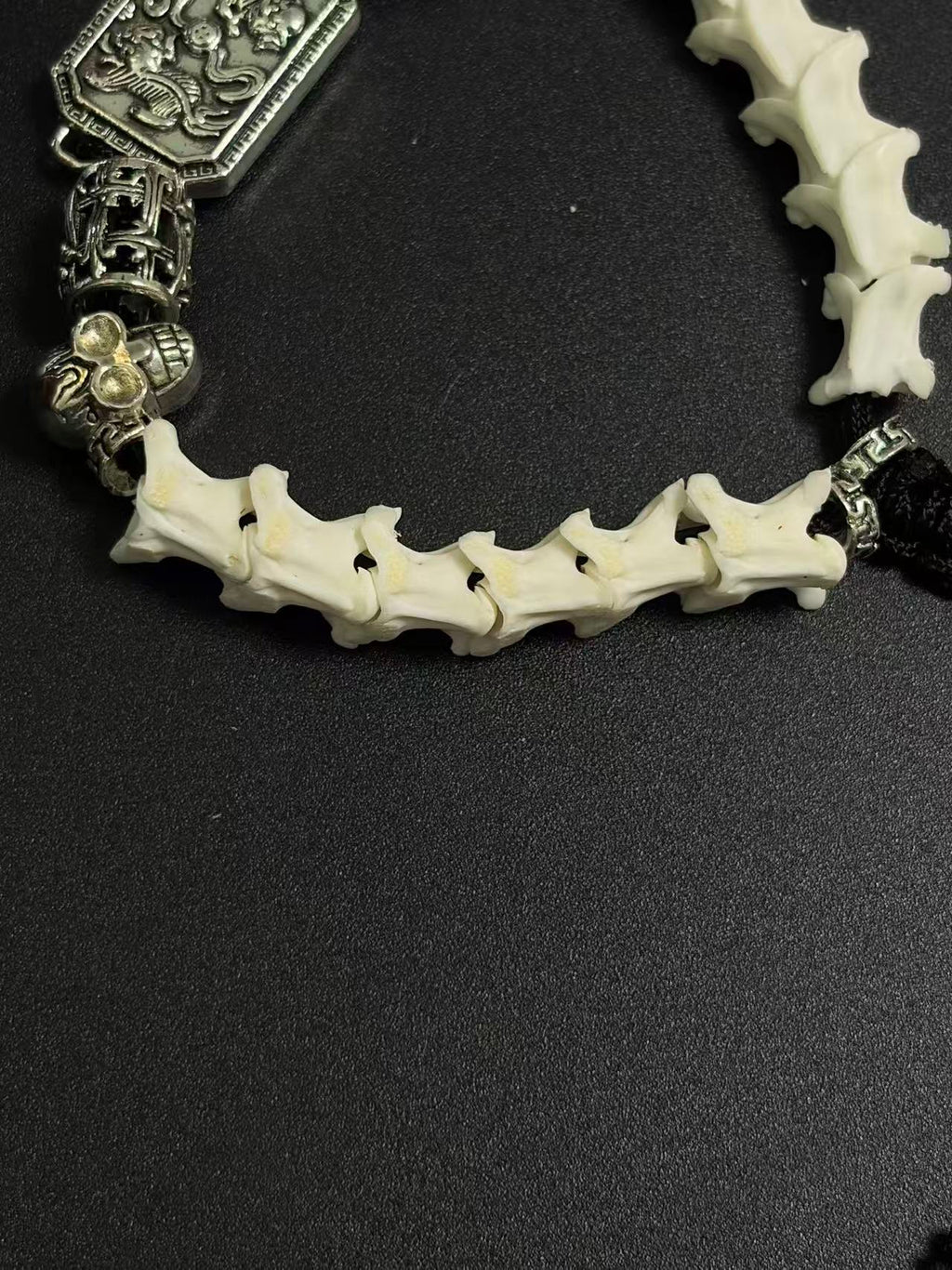 Real Snake Bone Bracelet – Pixiu Guardian Beast Silver Plaque, Crystal Skull & Triple Lotus Tassel | Chinese Talisman Dark Luxury