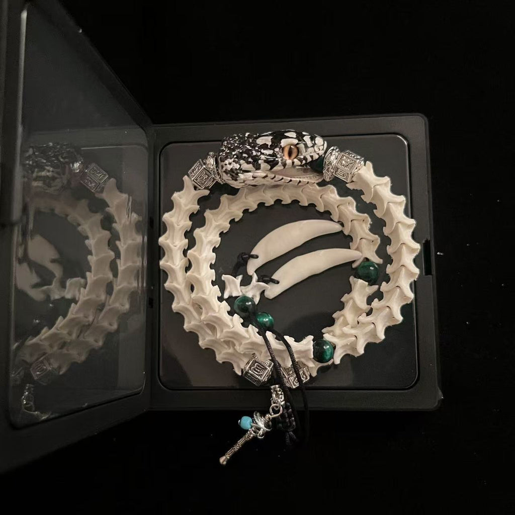 Real Snake Bone Double-Coil Bracelet — Patterned Serpent Head, Malachite & Bone Fang Charms | Shaman Totem
