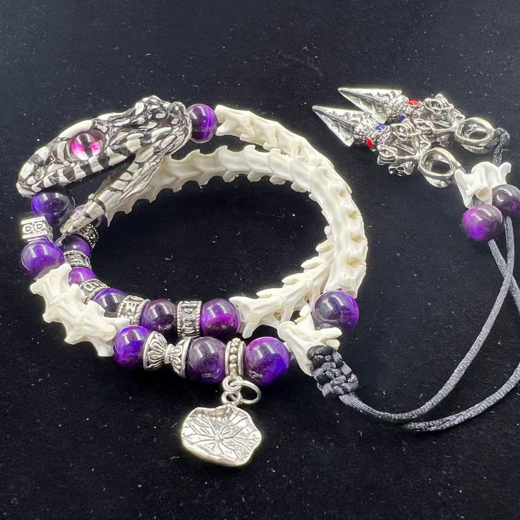 Real Snake Bone Coil Bracelet — Snake Head Clasp, Natural Gemstones & Tibetan Vajra Charm