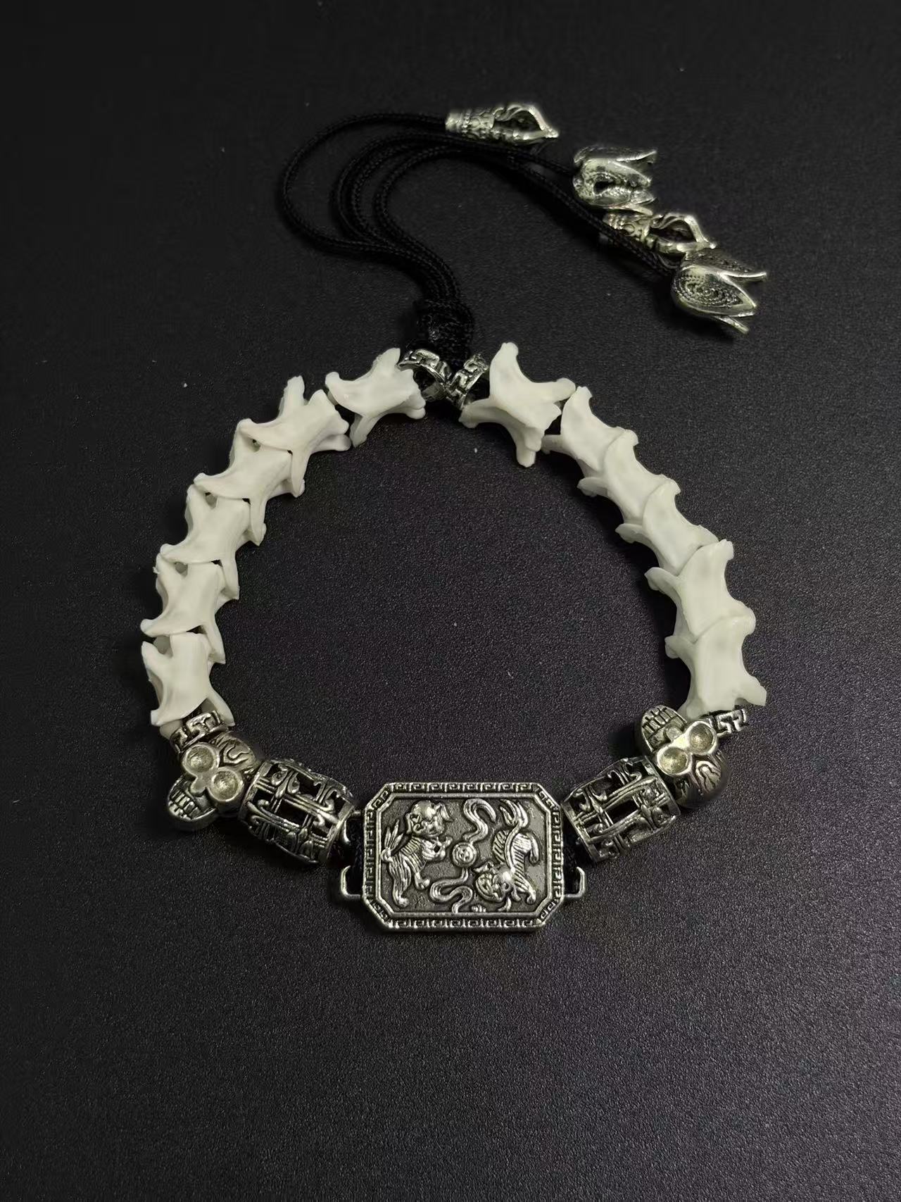 Real Snake Bone Bracelet – Pixiu Guardian Beast Silver Plaque, Crystal Skull & Triple Lotus Tassel | Chinese Talisman Dark Luxury