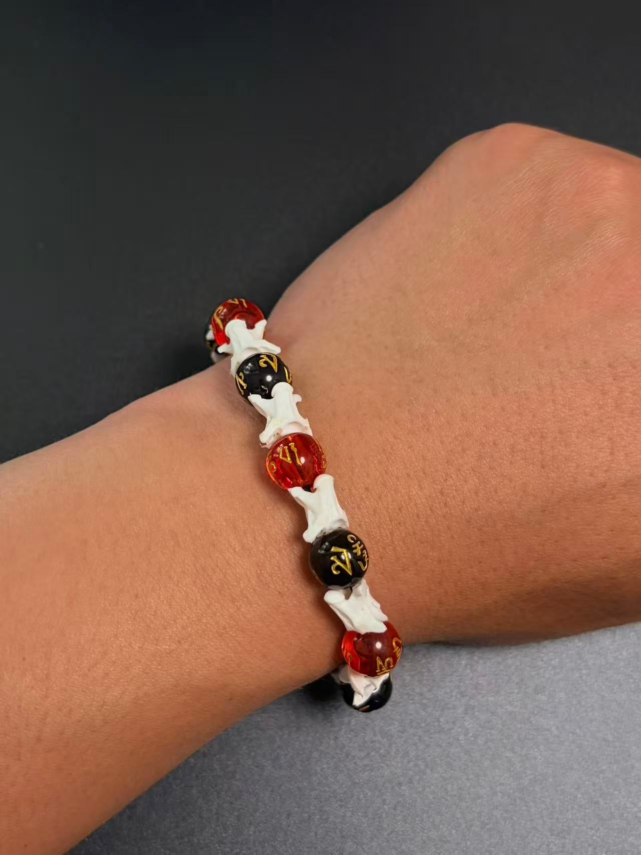 Real Snake Bone Bracelet – Om Mani Padme Hum Gold Mantra Beads, Red Crystal & Black Onyx | Tibetan Six-Word Prayer