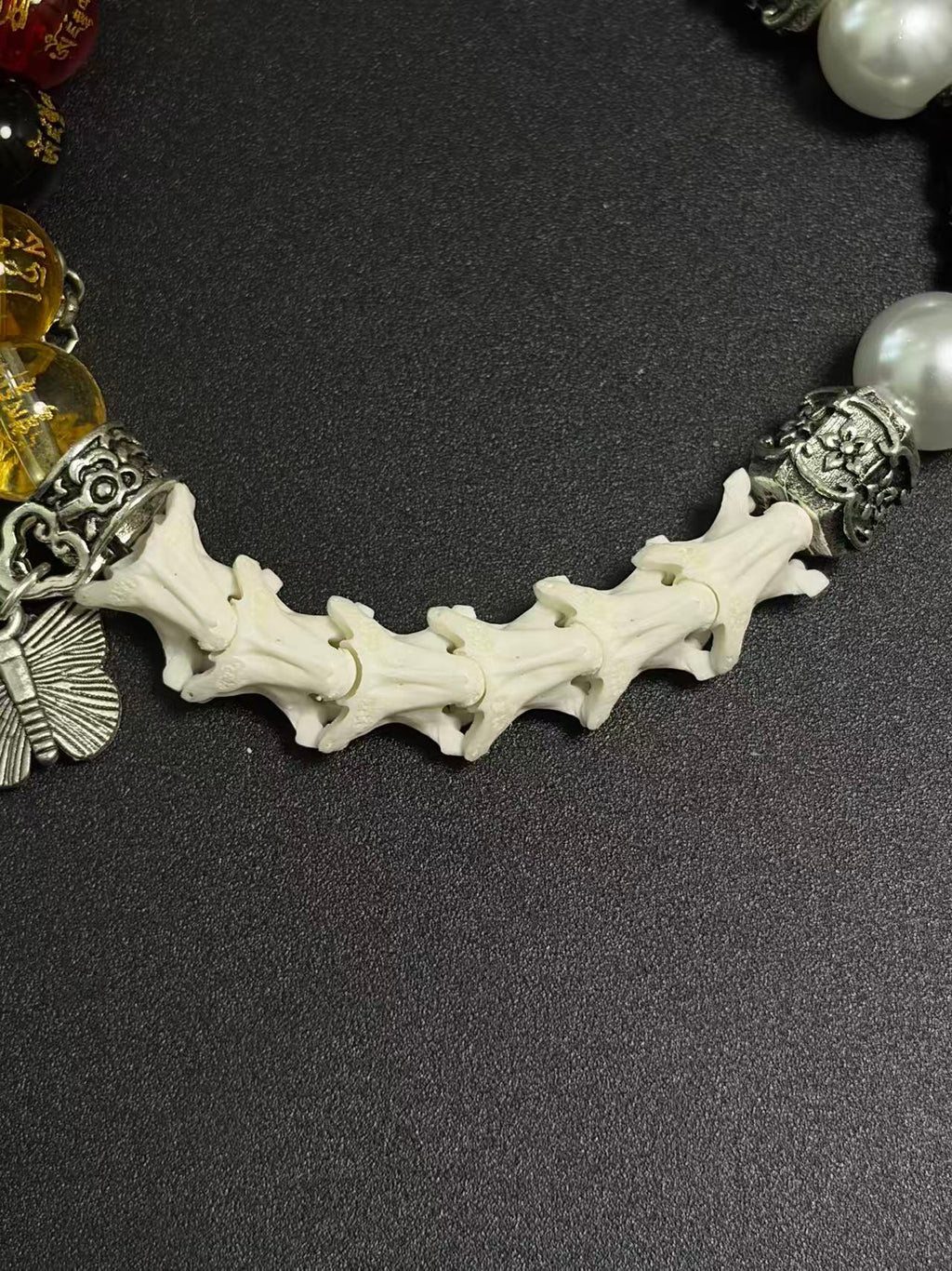 Real Snake Bone Bracelet – Five Wealth Gods Engraved Crystal Beads, Pearl & Silver Butterfly Charm | Tibetan Fortune Jewelry
