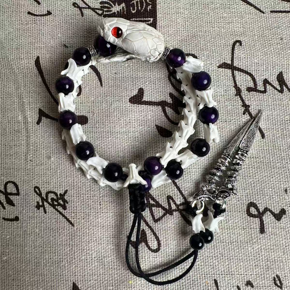 Real Snake Bone Ouroboros Bracelet — Snake Head Clasp, Natural Gemstones & Sword Charm | 3 Colors