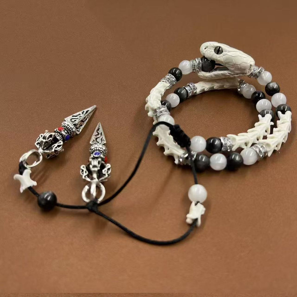 Real White Snake Bone Bracelet — Black & White Gemstones, Diamond Spacers & Tibetan Vajra Spear Charms | Dark Luxury