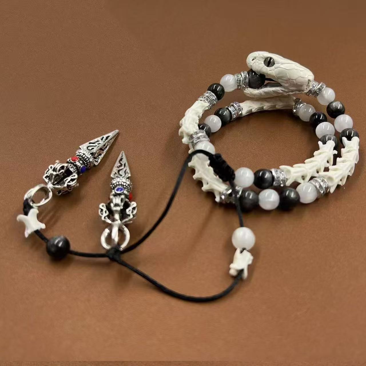 Real White Snake Bone Bracelet — Black & White Gemstones, Diamond Spacers & Tibetan Vajra Spear Charms | Dark Luxury