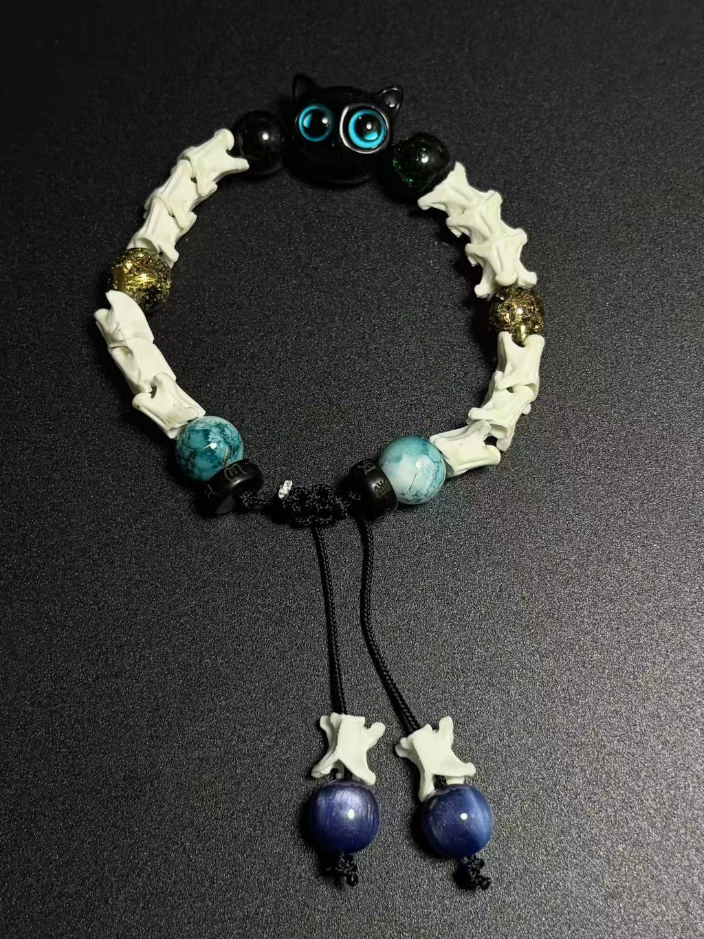 Real Snake Bone Bracelet – Black Owl Glass Charm, Turquoise Agate & Blue Cat's Eye | Dark Fantasy Style