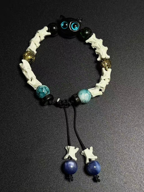 Real Snake Bone Bracelet – Black Owl Glass Charm, Turquoise Agate & Blue Cat's Eye | Dark Fantasy Style