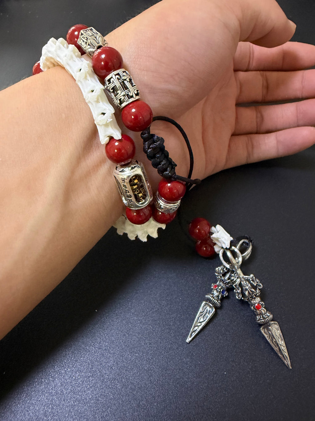 Real Snake Skull & Spine Bracelet – Red Agate, Tibetan Dorje Charms | Gothic Talisman Jewelry
