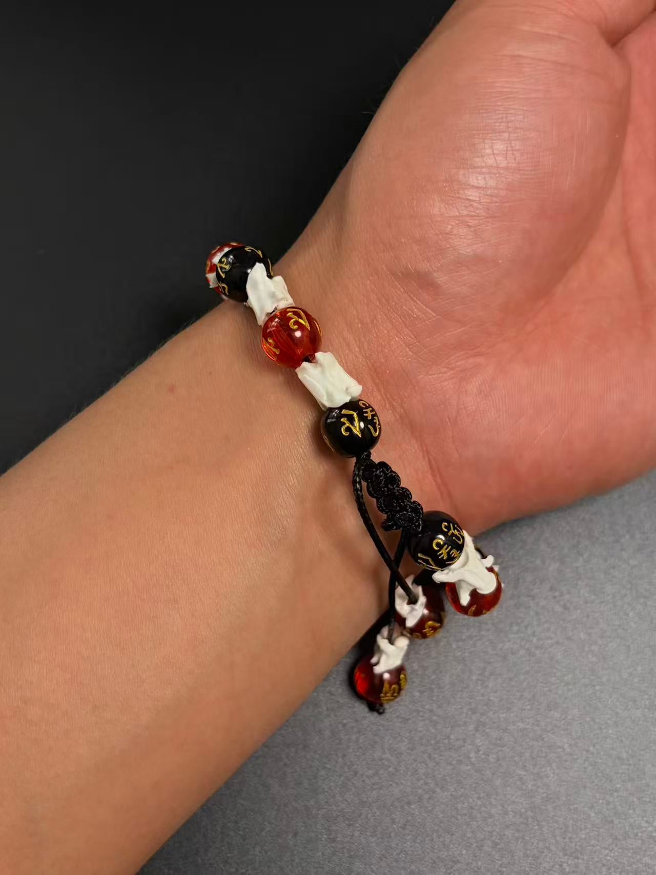 Real Snake Bone Bracelet – Om Mani Padme Hum Gold Mantra Beads, Red Crystal & Black Onyx | Tibetan Six-Word Prayer
