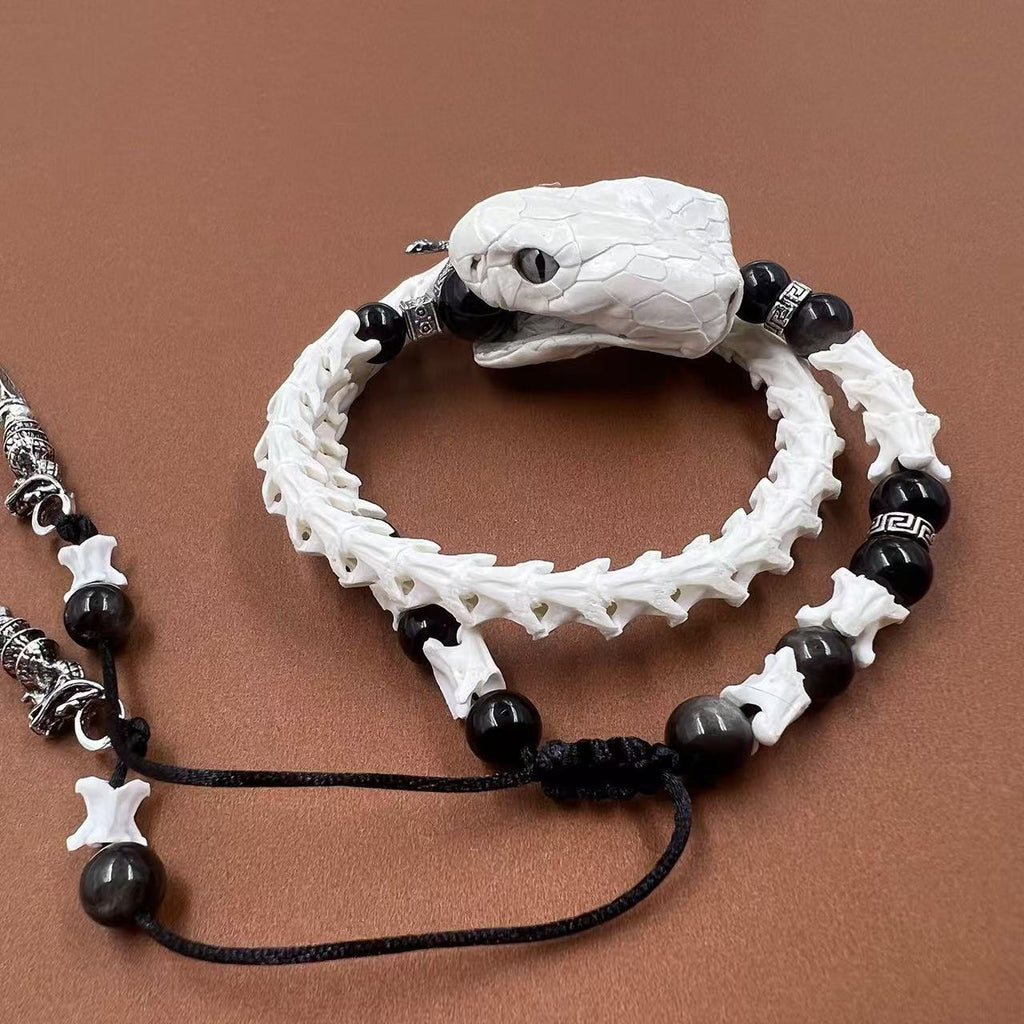 Real Snake Bone Bracelet — Black Obsidian Beads, Realistic Snake Head & Twin Sword Charms | Gothic Jewelry