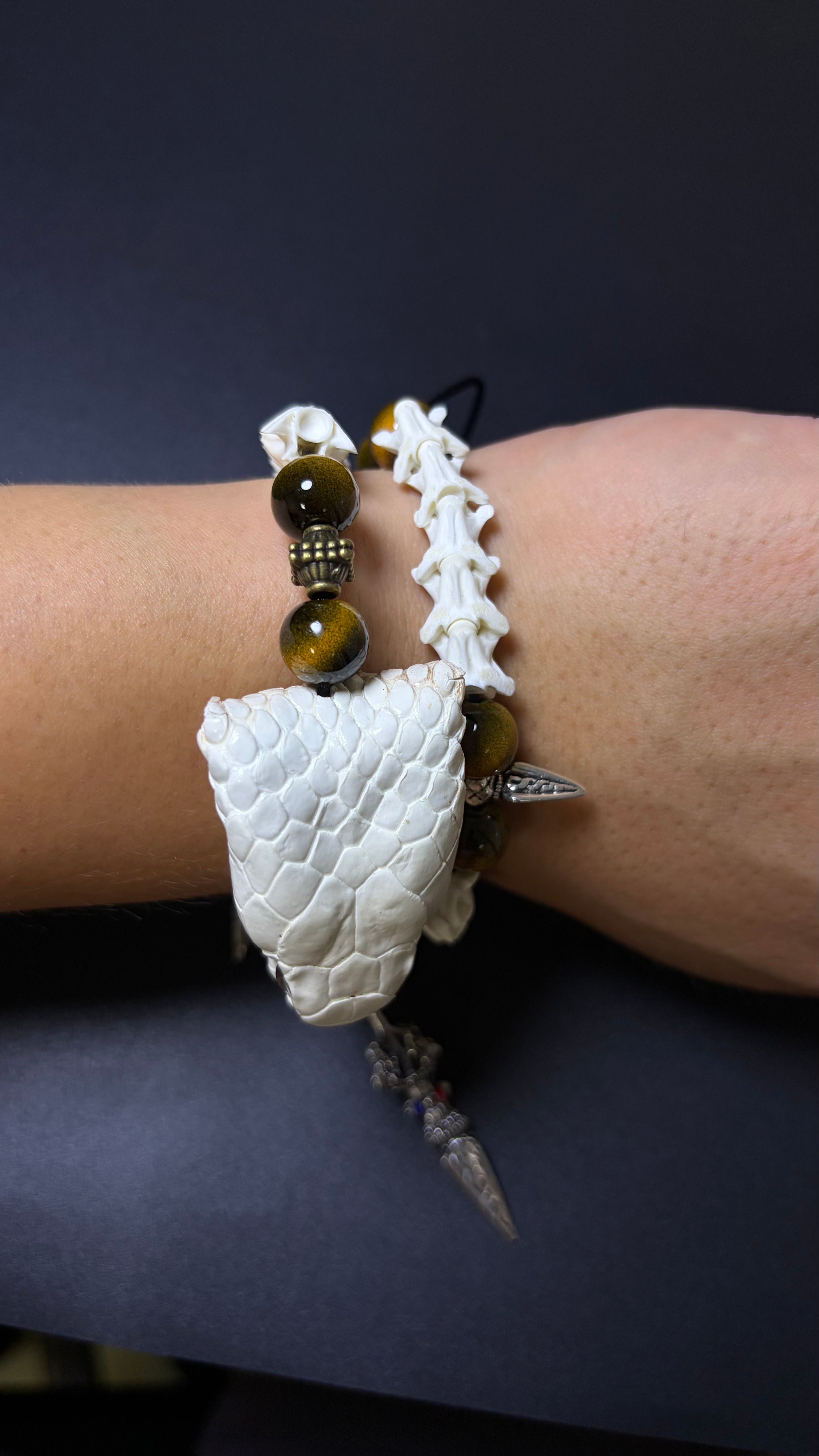 Real Snake Bone Bracelet — Tiger Eye & Tibetan Vajra Charm