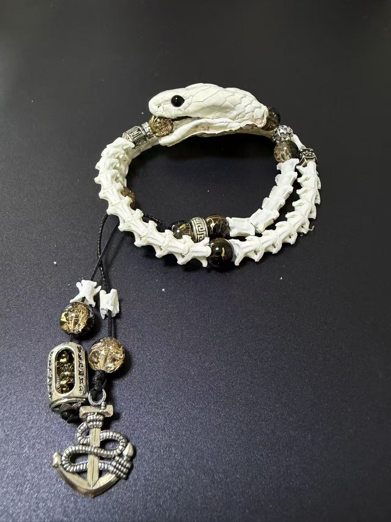 Real Snake Bone Bracelet | Smoky Quartz & Dual Tibetan Charm | Dark Talisman Jewelry