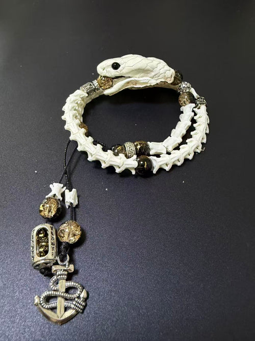 Real Snake Bone Bracelet | Smoky Quartz & Dual Tibetan Charm | Dark Talisman Jewelry