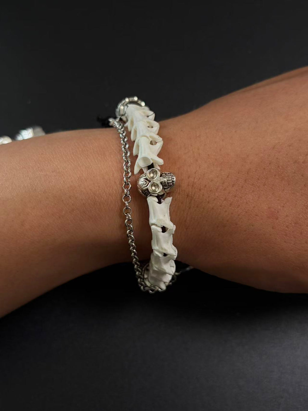 Real Snake Bone Bracelet – Crystal Skull, Silver Butterfly Charm & Bamboo Bone Dual Chain | Gothic Dark Luxury