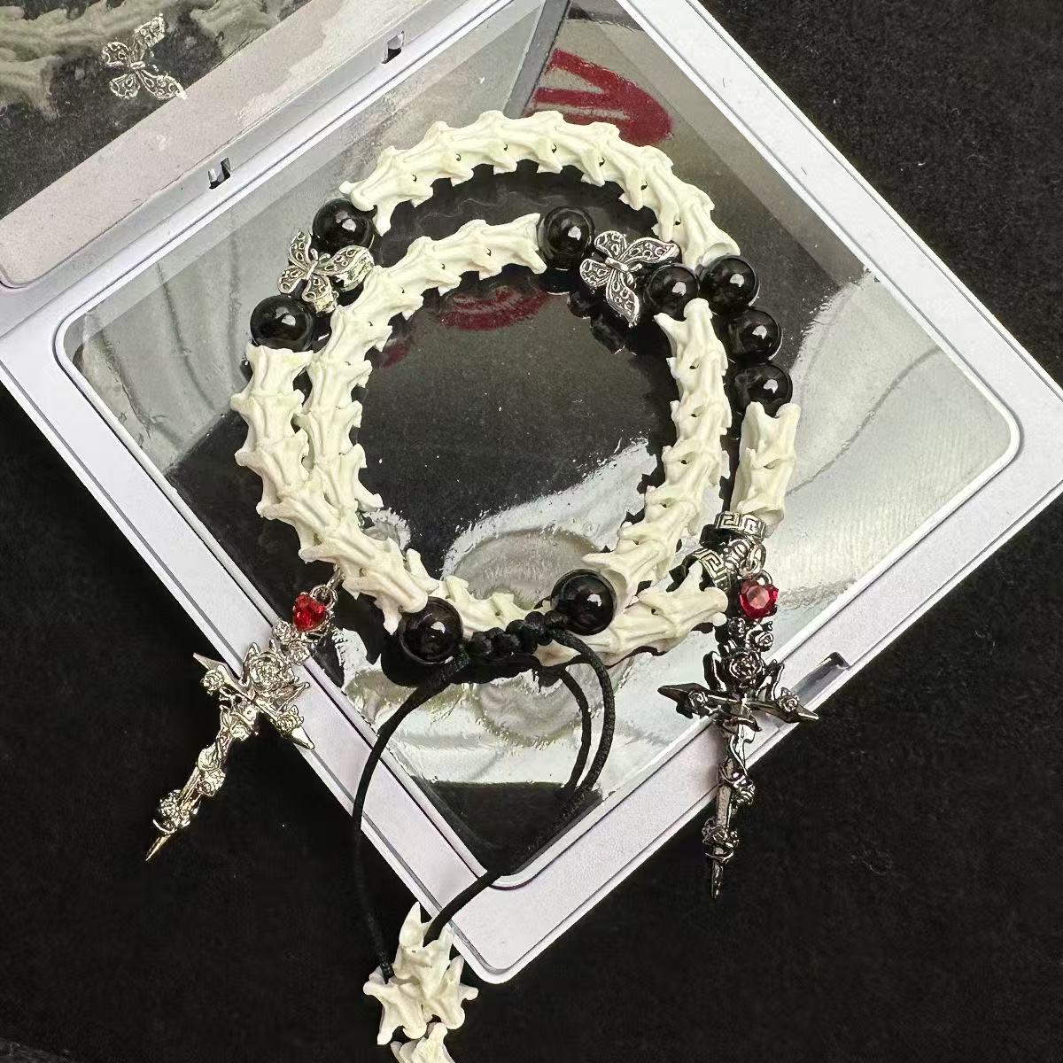 Real Snake Bone Bracelet — Black Obsidian, Butterfly Spacers & Rose Sword Charm | Dark Romance Gothic Jewelry