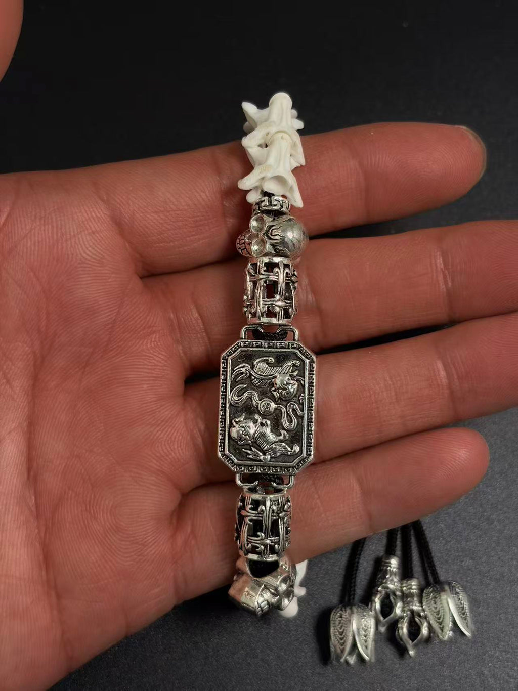 Real Snake Bone Bracelet – Pixiu Guardian Beast Silver Plaque, Crystal Skull & Triple Lotus Tassel | Chinese Talisman Dark Luxury