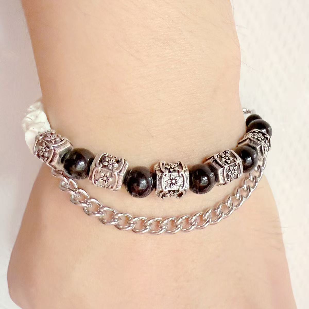 Real Snake Bone & Cuban Chain Bracelet — Natural Gemstone Beads & Vintage Alloy Spacers | Gothic Street Style