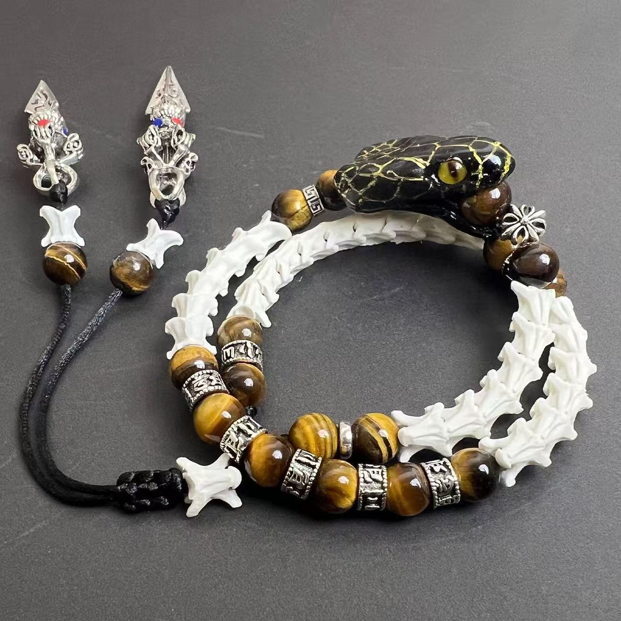 Real Snake Bone Double-Coil Bracelet — Black Serpent King, Tiger's Eye & Tibetan Kīla Charms | Dark Luxury
