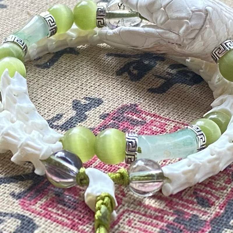Real White Snake Bone Bracelet — Lifelike Snake Head, Natural Gemstones & Silk Tassel | Chinese Mythology Jewelry