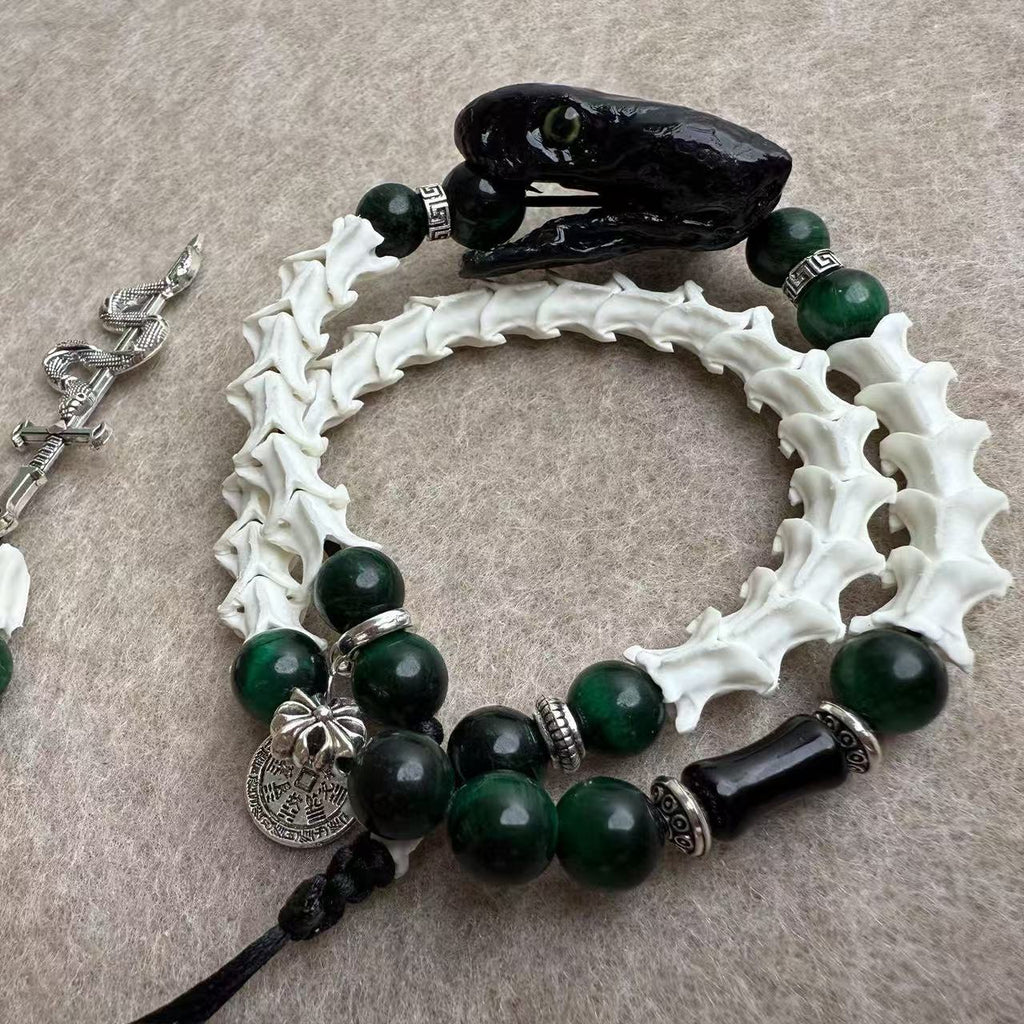Real Snake Bone Double-Coil Bracelet — Black Serpent Head, Natural Malachite & Serpent-Sword Charm | Gothic Dark Luxury
