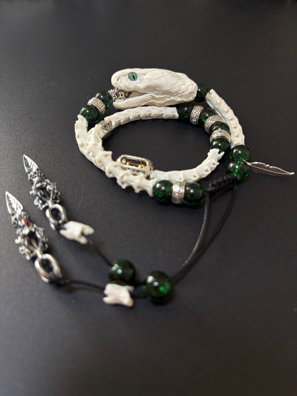 Real Snake Bone Bracelet with Tibetan Phurba Dagger Charm | Dark Luxury Talisman