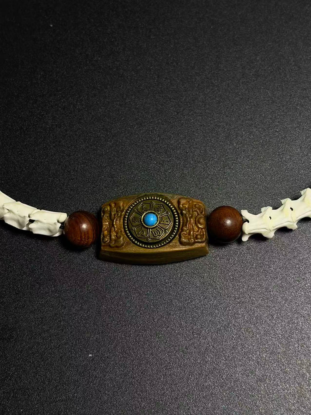 Real Snake Bone Bracelet – Tibetan Agarwood Bead, Turquoise Totem & Silver Petal Charm