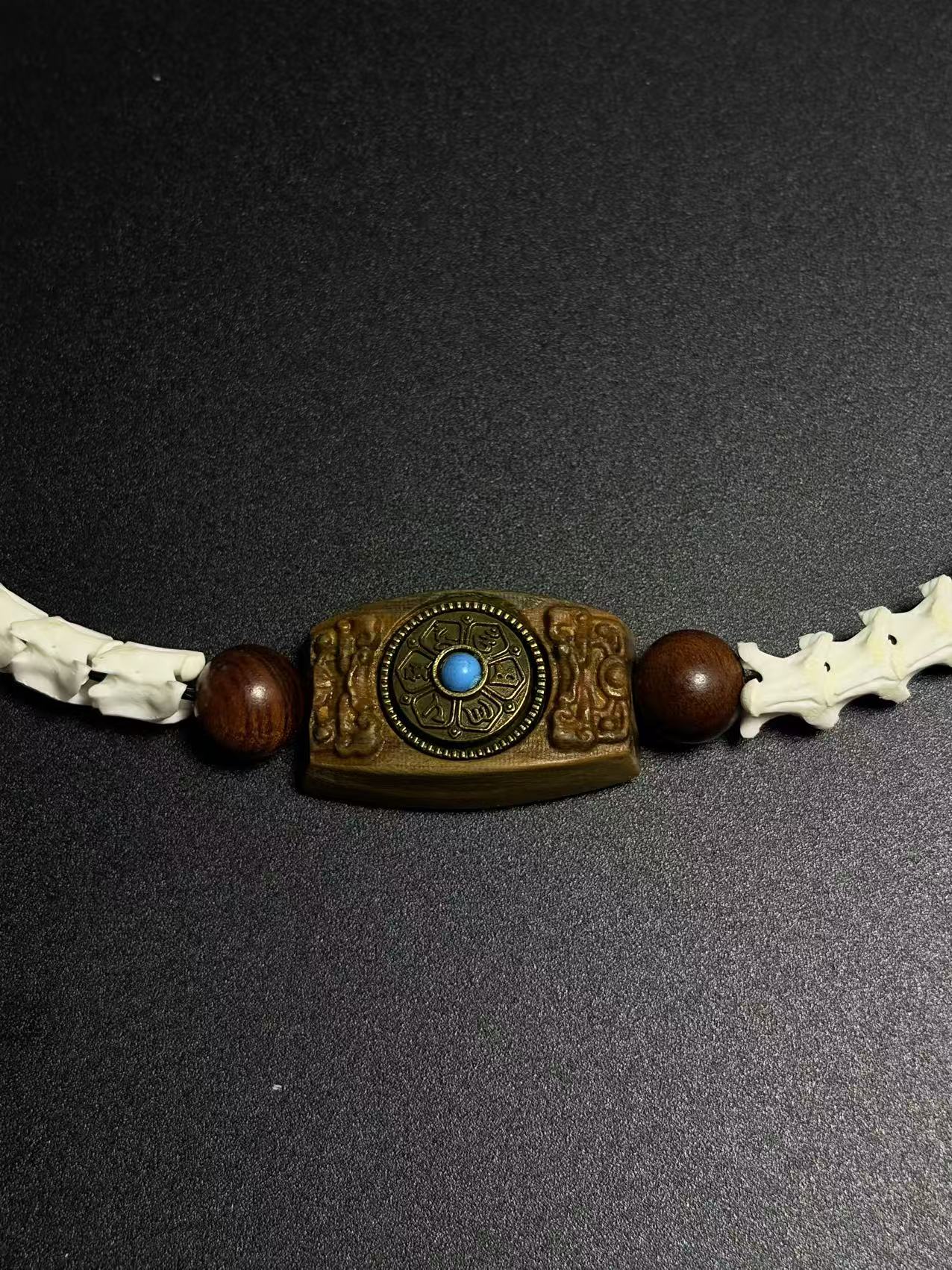 Real Snake Bone Bracelet – Tibetan Agarwood Bead, Turquoise Totem & Silver Petal Charm