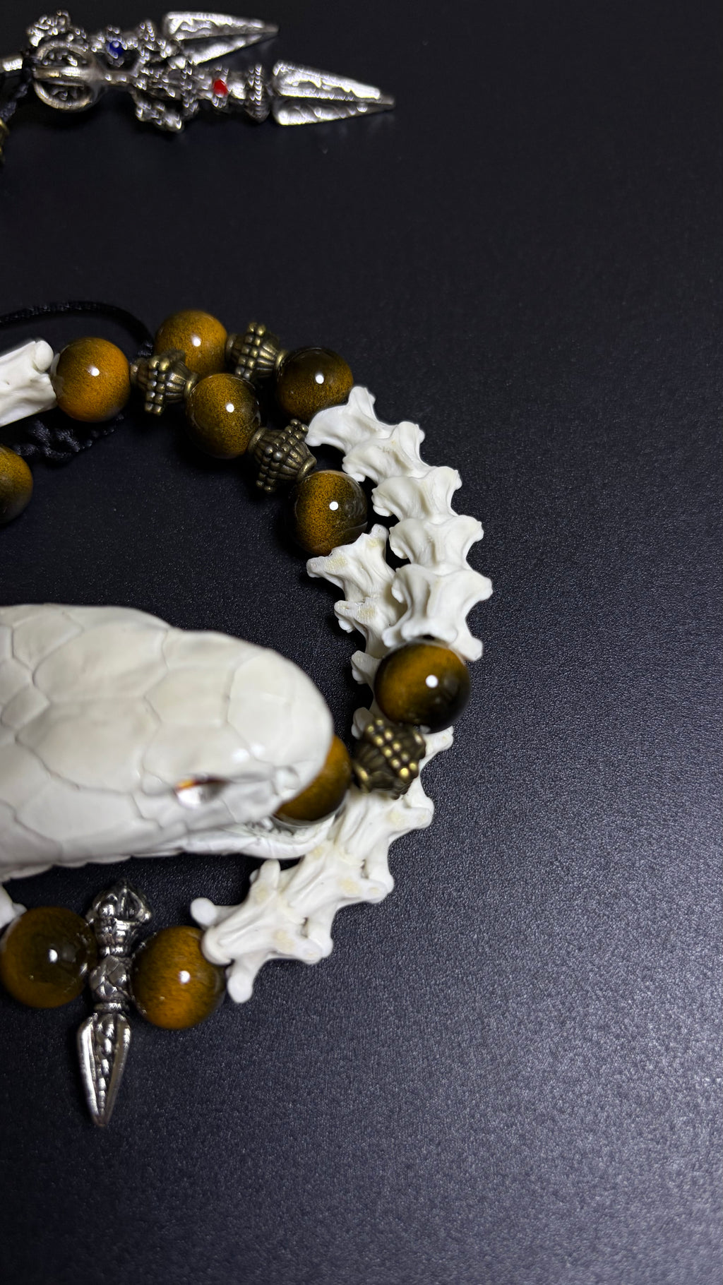 Real Snake Bone Bracelet — Tiger Eye & Tibetan Vajra Charm